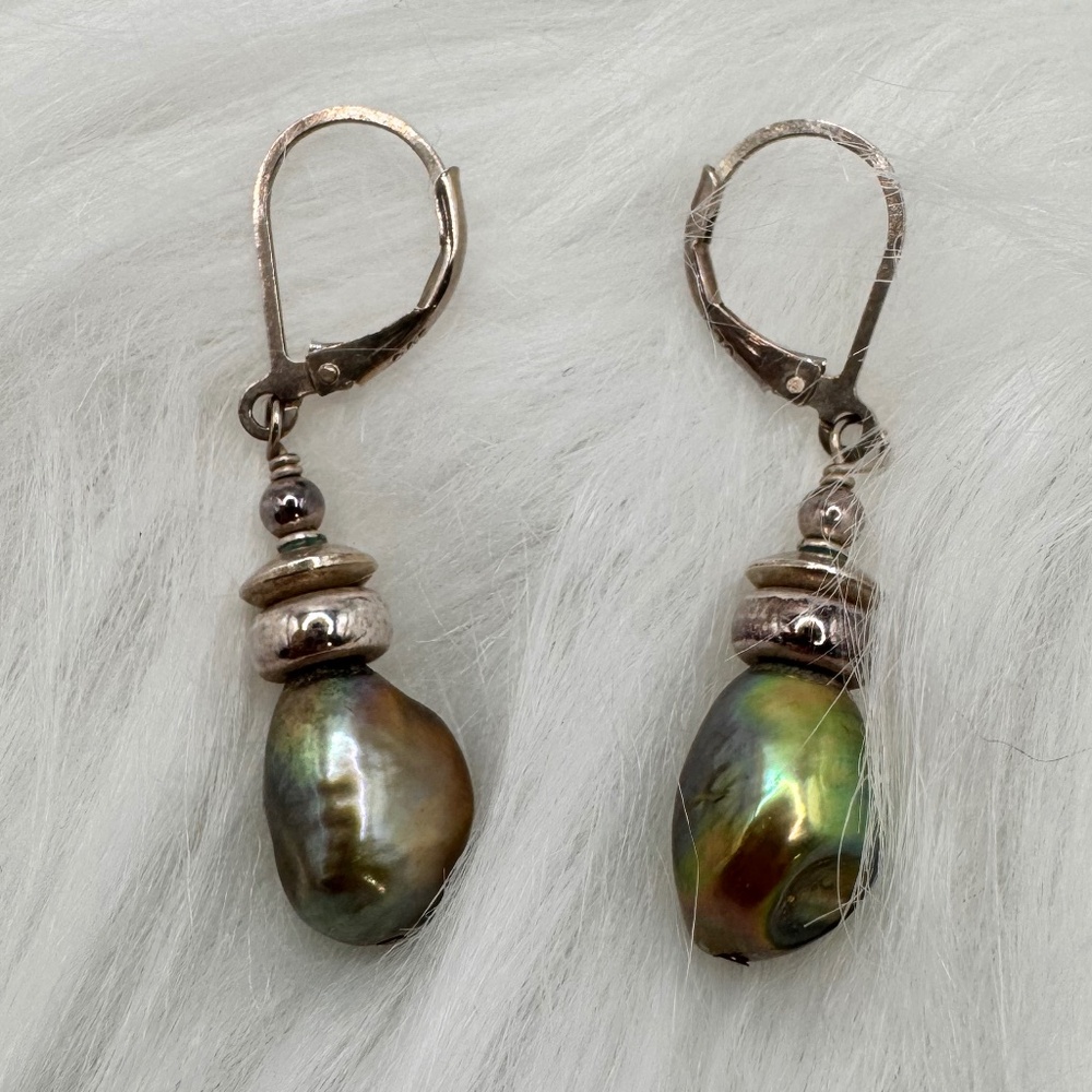 Baroque Tahitian Black Pearl and Sterling Silver Earrings. Large Black Pearls